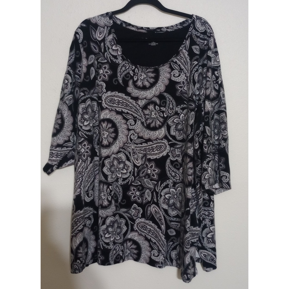 Catherines Womens 3X Black White Paisley 3/4 Sleeve Cotton Tunic Top RN99249